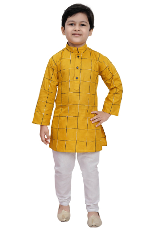 Cotton Checkered Kurta Pajama in Yellow