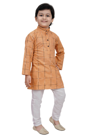 Cotton Checkered Kurta Pajama in Orange