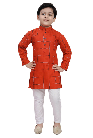 Cotton Checkered Kurta Pajama in Red