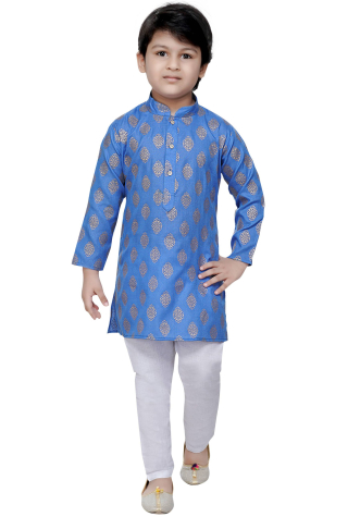 Blue Printed Cotton Kurta Pajama Set
