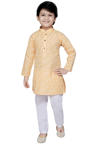 Printed Cotton Kurta Pajama Set in Light yellow