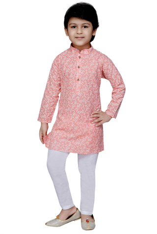 Printed Cotton Kurta Pajama Set in Light Pink