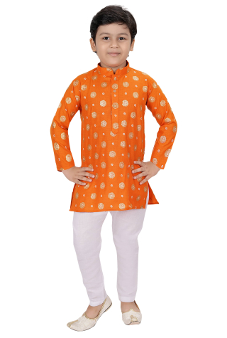 Orange Cotton Kurta Pajama set in Block Print