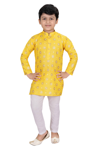 Yellow Cotton Kurta Pajama set in Block Print