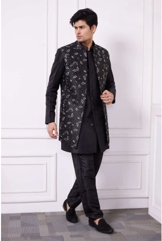  Black Embroidered Indo Western Set In Silk