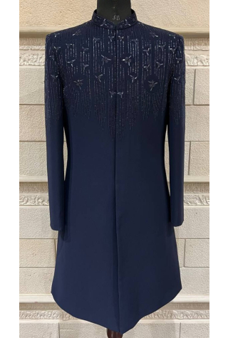 Navy Blue Hand Embroidered Indo Western in Imported British Fabric