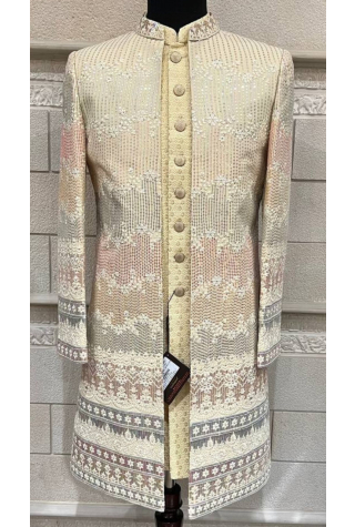 Yellow Embroidered Groom Indo Western in Silk