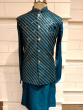 Blue Jacket With Kurta Pajama Set In Dupion Silk 