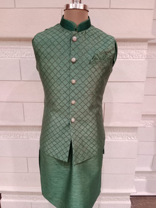 Green Jacket With Kurta Pajama Set In Brocade Dupion Silk 