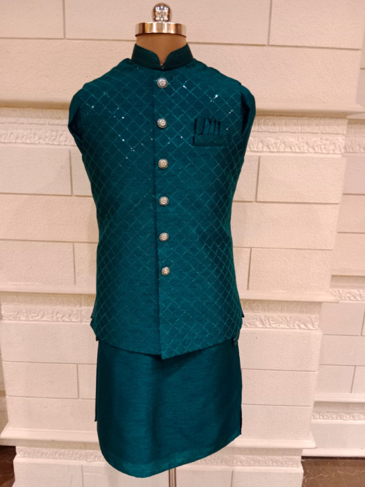 Blue Jacket With Kurta Pajama Set In Brocade Dupion Silk 
