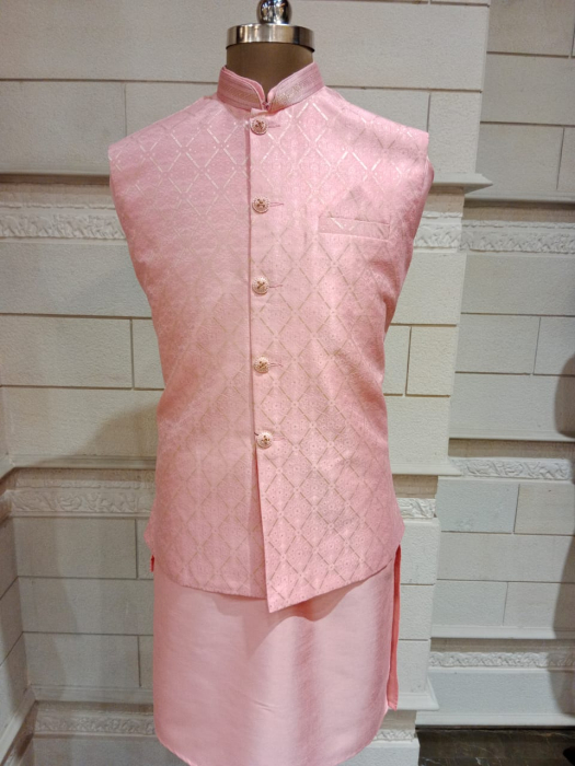 Pink Jacket With Kurta Pajama Set In Brocade Dupion Silk 