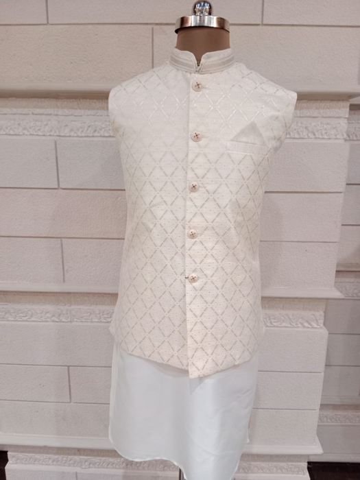 White Jacket With Kurta Pajama Set In Brocade Dupion Silk 