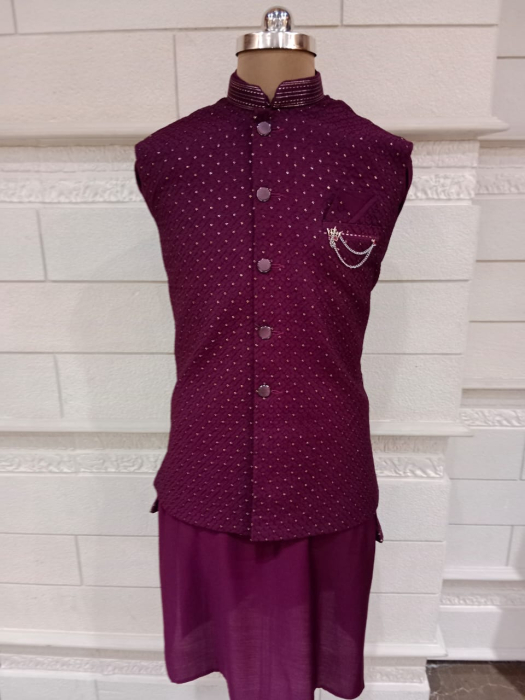 Purple Jacket With Kurta Pajama Set In Dupion Silk 