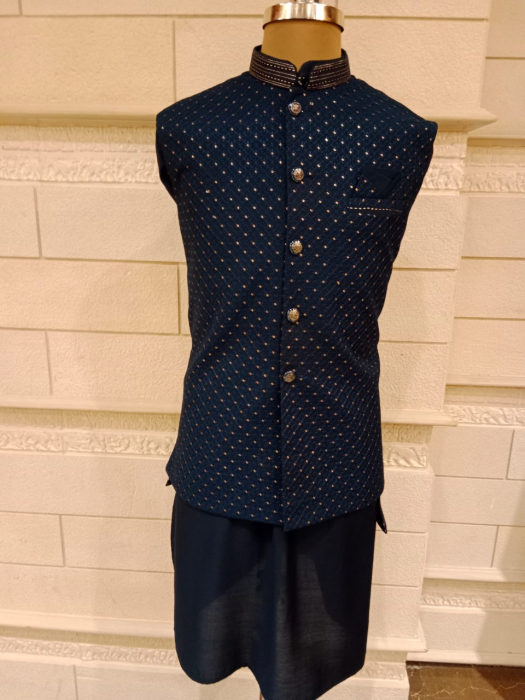 Navy Blue Jacket With Kurta Pajama Set In Dupion Silk 